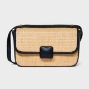 A New Day Straw Elongated Refined Crossbody Bag in Natural and Black Trim